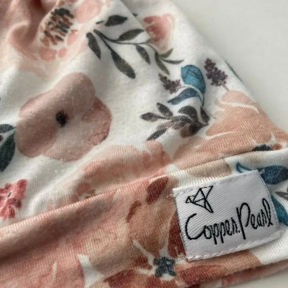 Copper Pearl Top Knot Baby Hat - Floral - Pink White - 0-4M